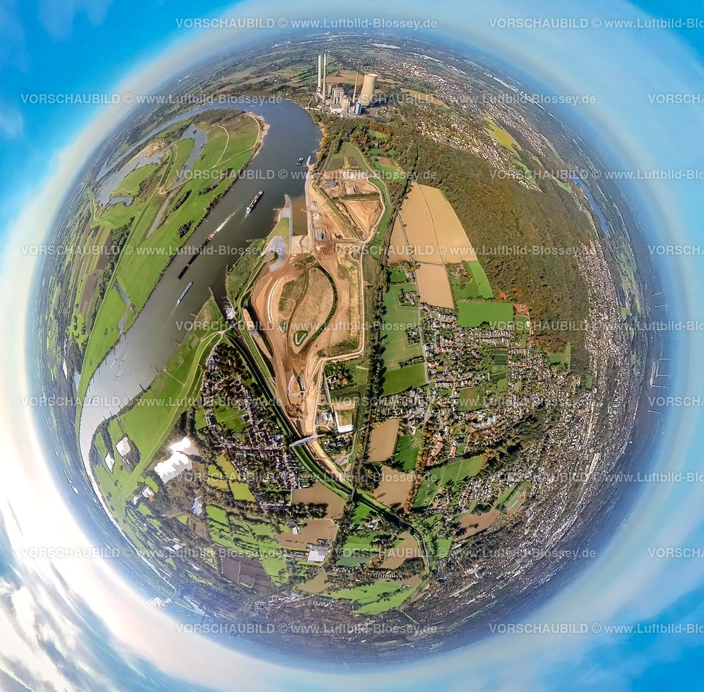 Dinslaken20221006_1Emschermuendung1 | Luftbild, Emschermündung Renaturierung, Fluss Rhein und Fluss Emscher, STEAG Kraftwerk Walsum, Fisheye Aufnahme, Fischaugen Aufnahme, 360 Grad Aufnahme, Eppinghoven, Dinslaken, Fisheyeaufnahme, Ruhrgebiet, Nordrhein-Westfalen, Deutschland