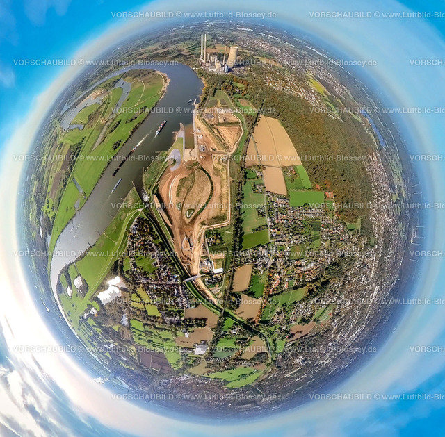 Dinslaken20221006_1Emschermuendung1 | Luftbild, Emschermündung Renaturierung, Fluss Rhein und Fluss Emscher, STEAG Kraftwerk Walsum, Fisheye Aufnahme, Fischaugen Aufnahme, 360 Grad Aufnahme, Eppinghoven, Dinslaken, Fisheyeaufnahme, Ruhrgebiet, Nordrhein-Westfalen, Deutschland