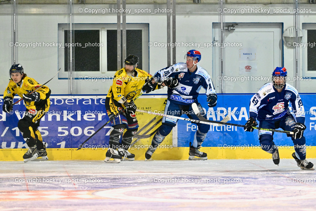 ESC Steindorf vs. EC Hornets Spittal 20.2.2024 | #10 Ortner Philipp EC Hornets Spittal, #33 Kabas Michael EC Hornets Spittal, #18 Pewal Martin ESC Steindorf, #69 Kreuzer Philipp ESC Steindorf, ESC Steindorf vs. EC Hornets Spittal 20.2.2024, ESC Steindorf vs. EC Hornets Spittal 20.2.2024 am 20.02.2024 in Steindorf (Ossiachersee Halle), Austria, (Photo by Bernd Stefan)