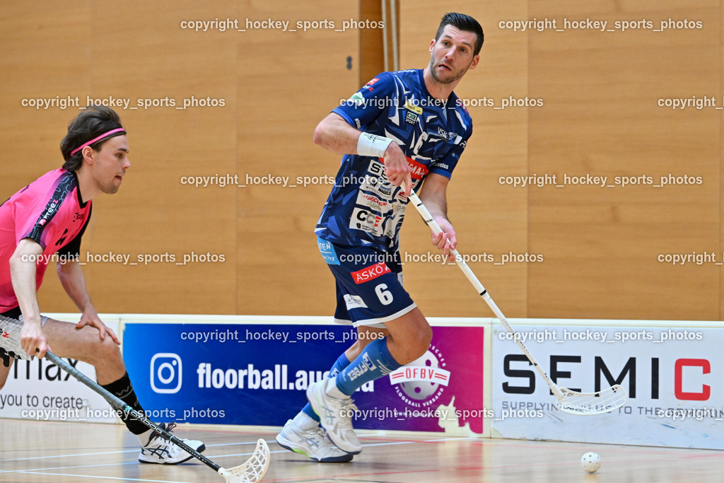 VSV Unihockey vs. Wiener Floorball Verein | #6 Timo Schmid VSV Unihockey, #81 LAUKKANEN Jesse Wiener Floorballverein, VSV Unihockey vs. Wiener Floorball Verein, VSV Unihockey vs. Wiener Floorball Verein am 18.05.2025 in Villach (Ballspielhalle St. Martin), Austria, (Photo by Bernd Stefan)