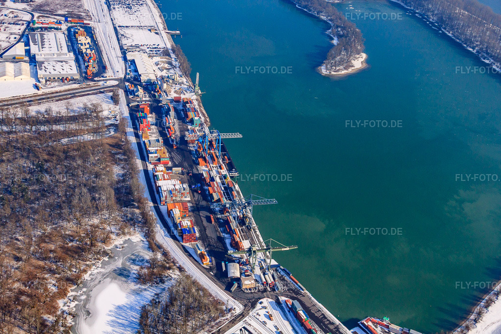 Luftbild: Containerhafen am Landeshafen Wörth im Winter bei Schnee im Ortsteil Maximiliansau in Wörth im Bundesland Rheinland-Pfalz in Deutschland. Foto: IMG_24106.jpg vom 16.02.2010 durch Werner Riehm/FLY-FOTO.de