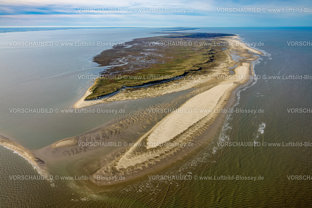 Wittmund251106135Spiekeroog | Luftbild, Gesamtansicht Ostfriesische Insel Spiekeroog, Nordstrand und Ostplate Wildnisgebiet, Ostende mit Fernsicht und blauer Himmel mit Horizont, Spiekeroog, Norddeutschland, Ostfriesland, Niedersachsen, Deutschland