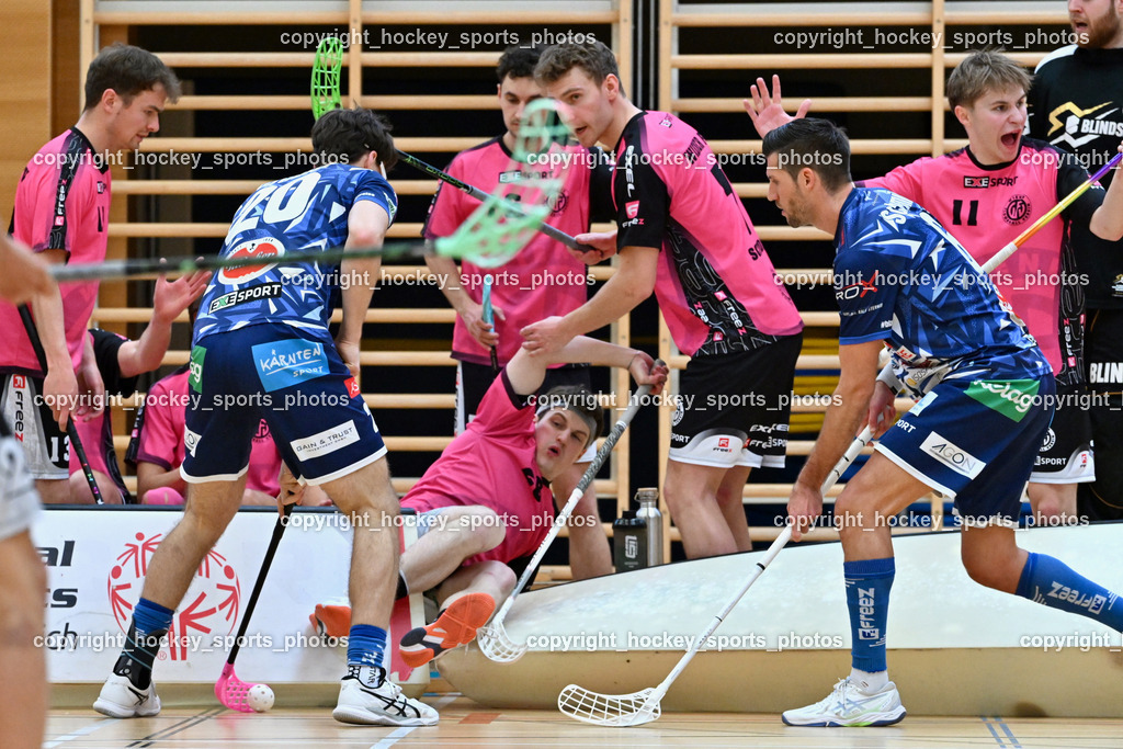 VSV Unihockey vs. Wiener Floorball Verein | #20 David Gredler VSV Unihockey, #26 Alexander Hanschur Wiener Floorballverin, #6 Timo Schmid VSV Unihockey, #7 SCHEIDL Peter Wiener Floorballverein, VSV Unihockey vs. Wiener Floorball Verein, VSV Unihockey vs. Wiener Floorball Verein am 18.05.2025 in Villach (Ballspielhalle St. Martin), Austria, (Photo by Bernd Stefan)