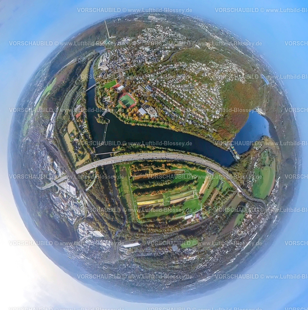 Herdecke20221020_10_Mitte | Luftbild, Stadtansicht Herdecke, Fluss Ruhr und Hengsteysee, Fisheye Aufnahme, Fischaugen Aufnahme, 360 Grad Aufnahme, Herdecke, Ruhrgebiet, Nordrhein-Westfalen, Deutschland