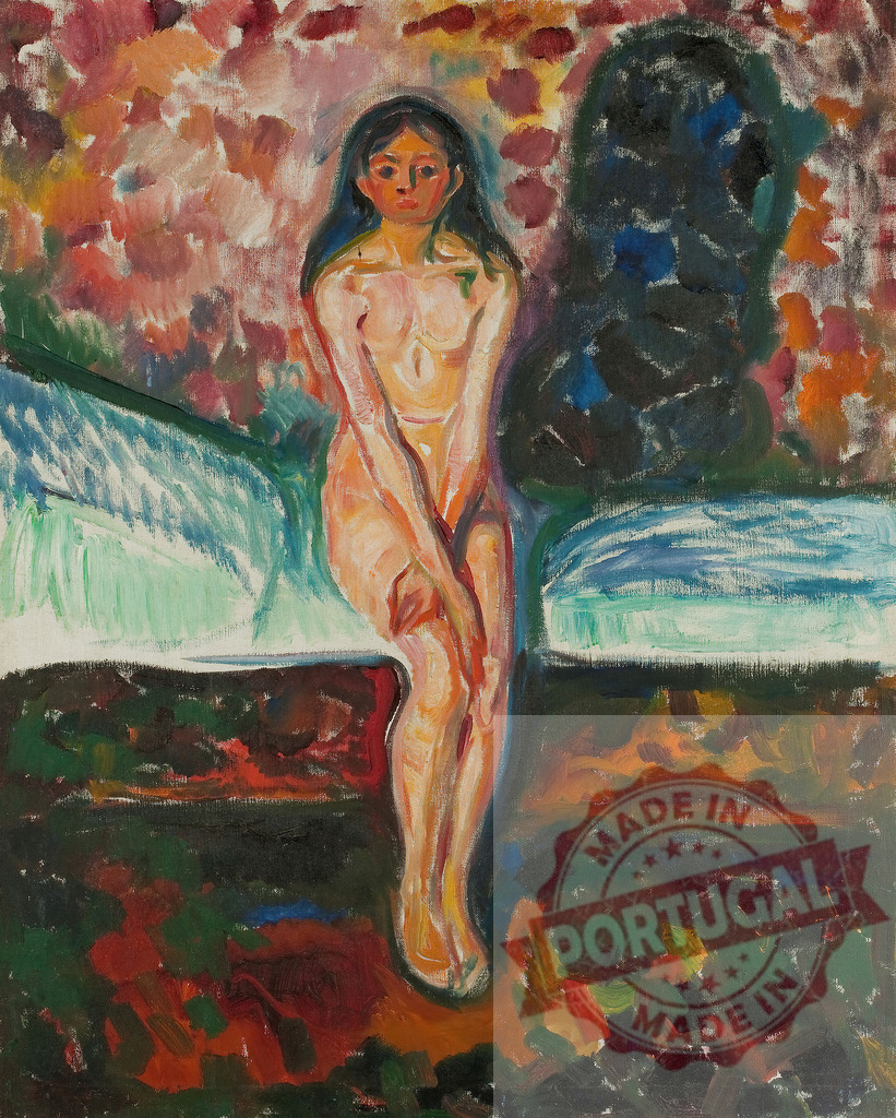Edvard Munch's Puberty oil painting symbolizing angst | Edvard Munch Nude vulnerable woman sitting on a bed reflecting themes of adolescence and isolation - Realized with Pictrs.com