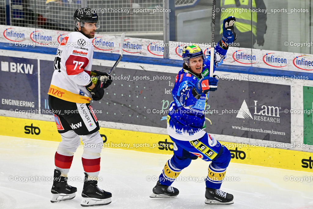 EC IDM Wärmepumpen VSV vs. Pioneers Vorarlberg | #77 Korecky Ivan PIONEERS VORARLBERG, Jubel #81 RICHTER Marco EC VSV, EC IDM Wärmepumpen VSV vs. Pioneers Vorarlberg, EC IDM Wärmepumpen VSV vs. Pioneers Vorarlberg am 14.12.2024 in Villach (Stadthalle Villach), Austria, (Photo by Bernd Stefan)