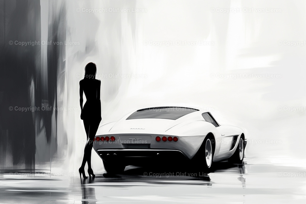 Oldtimer Sportwagen als Wandbild | Alter Sportwagen mit hübscher Frau