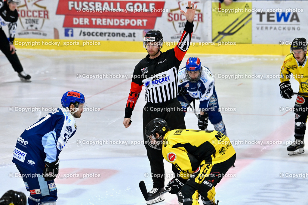 ESC Steindorf vs. EC Hornets Spittal 20.2.2024 | #57 Wilfan Franz ESC Steindorf, #9 Essmann Kevin EC Hornets Spittal, Orel Stephan Referee, #22 Thaler Tim EC Hornets Spittal, ESC Steindorf vs. EC Hornets Spittal 20.2.2024, ESC Steindorf vs. EC Hornets Spittal 20.2.2024 am 20.02.2024 in Steindorf (Ossiachersee Halle), Austria, (Photo by Bernd Stefan)