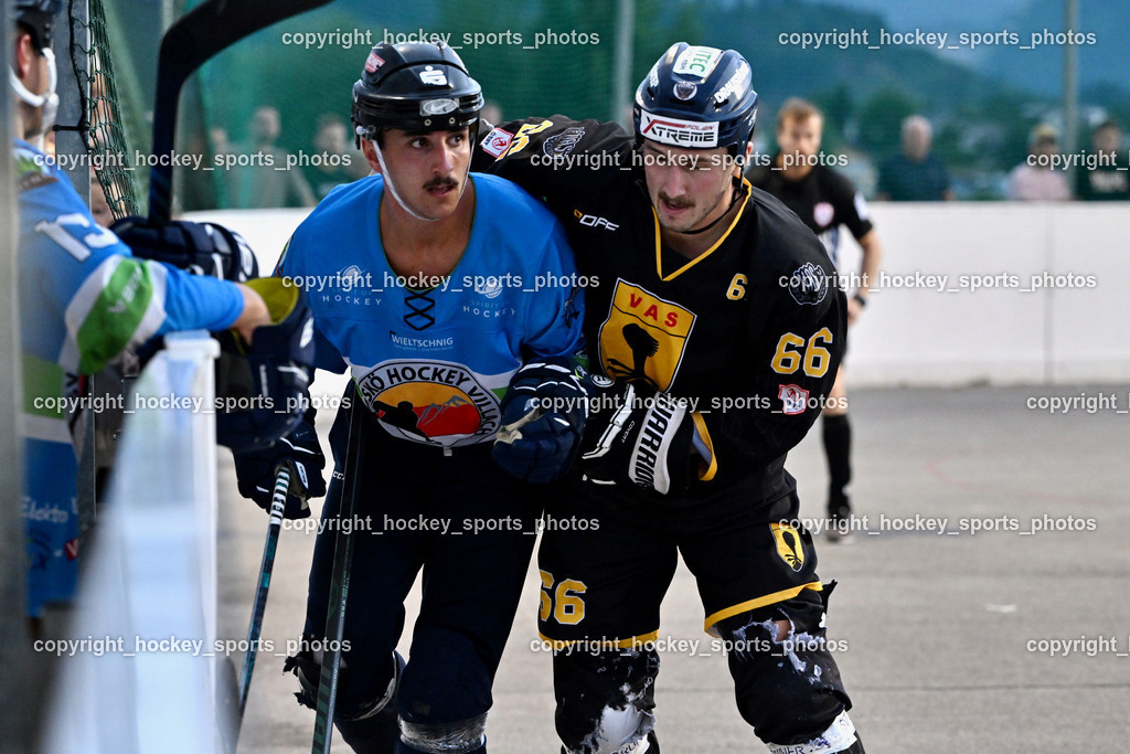 ASKÖ Hockey Villach vs. VAS Ballhockey  | #3 Fertschai Mathias ASKÖ Villach Hockey, #66 Hintermann Daniel VAS Villach, ASKÖ Hockey Villach vs. VAS Ballhockey , ASKÖ Hockey Villach vs. VAS Ballhockey  am 06.07.2025 in Villach (Alpen Arena ), Austria, (Photo by Bernd Stefan)