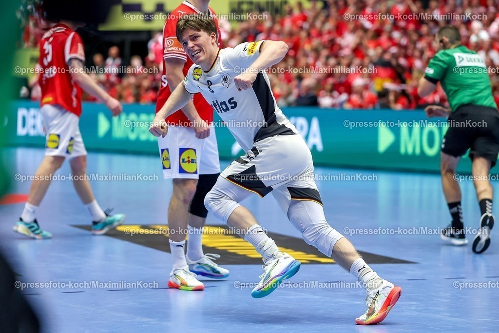 EHF01022602102 | 01.02.2026, Handball, Men's EHF EURO 2026, Deutschland - Dänemark, Jyske Bank Boxen in Herning, Final:  Niclas Vest Kirkelokke (Denmark #03) jubelnd 