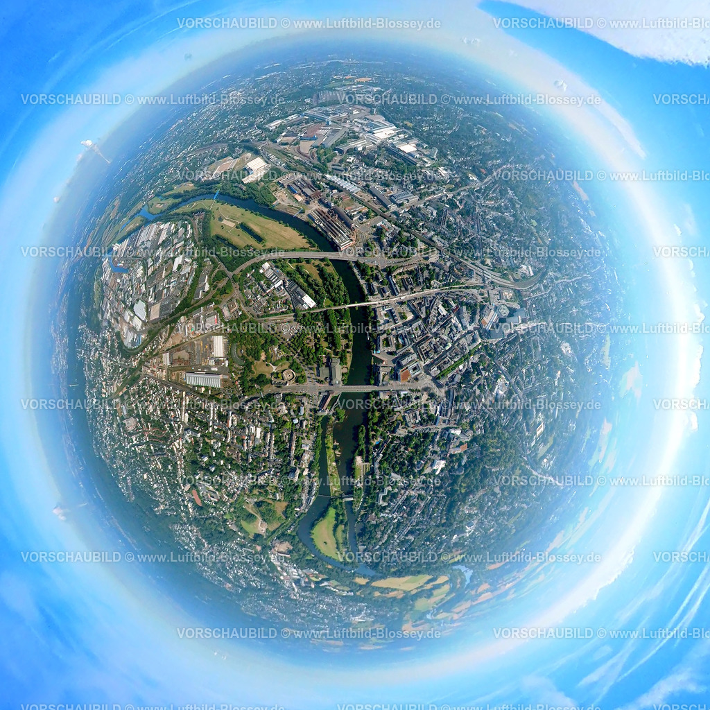 Muelheim20220712_01 | Luftbild, City mit Schloss Broich am Fluss Ruhr, Ruhrschleuse und Ruhrinsel, Fisheye Aufnahme, Fischaugen Aufnahme, 360 Grad Aufnahme, Altstadt I, Mülheim an der Ruhr, Ruhrgebiet, Nordrhein-Westfalen, Deutschland