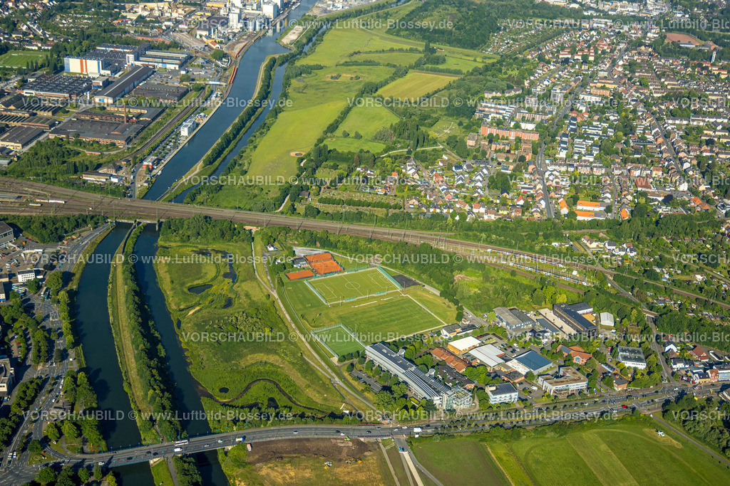 Hamm220601402 | Luftbild, Baustelle Erlebensraum Lippeaue am Fluss Lippe, Sportanlage Hockey- und Tennisclub Philipp-Reis-Straße, Hamtec Hammer Technologie- und Gründerzentrum, Heessen, Hamm, Ruhrgebiet, Nordrhein-Westfalen, Deutschland