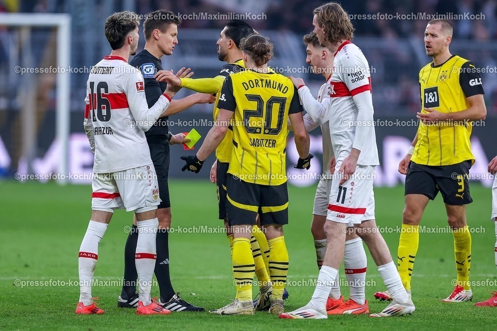 BVB08022501088 | 08.02.2025, Fußball, Borussia Dortmund - VfB Stuttgart, 1. Fußball Bundesliga, 21. Spieltag, Signal Iduna Park, Saison 2024 2025: Rudelbildung um Schiedsrchte Daniel SiebertDFB regulations prohibit any use of photographs as image sequences and or quasi-video.