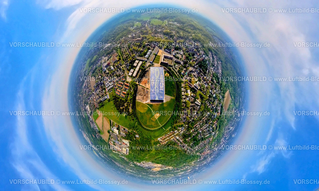 Herne240590010SolarAkademieMtCenisSodingen | Luftbild, Ortsansicht Sodingen, Akademie-Mont-Cenis mit ovaler Baumallee, Solardach, Erdkugel, Fisheye Aufnahme, Fischaugen Aufnahme, 360 Grad Aufnahme, tiny world, little planet, fisheye Bild, Sodingen, Herne, Nordrhein-Westfalen, Deutschland