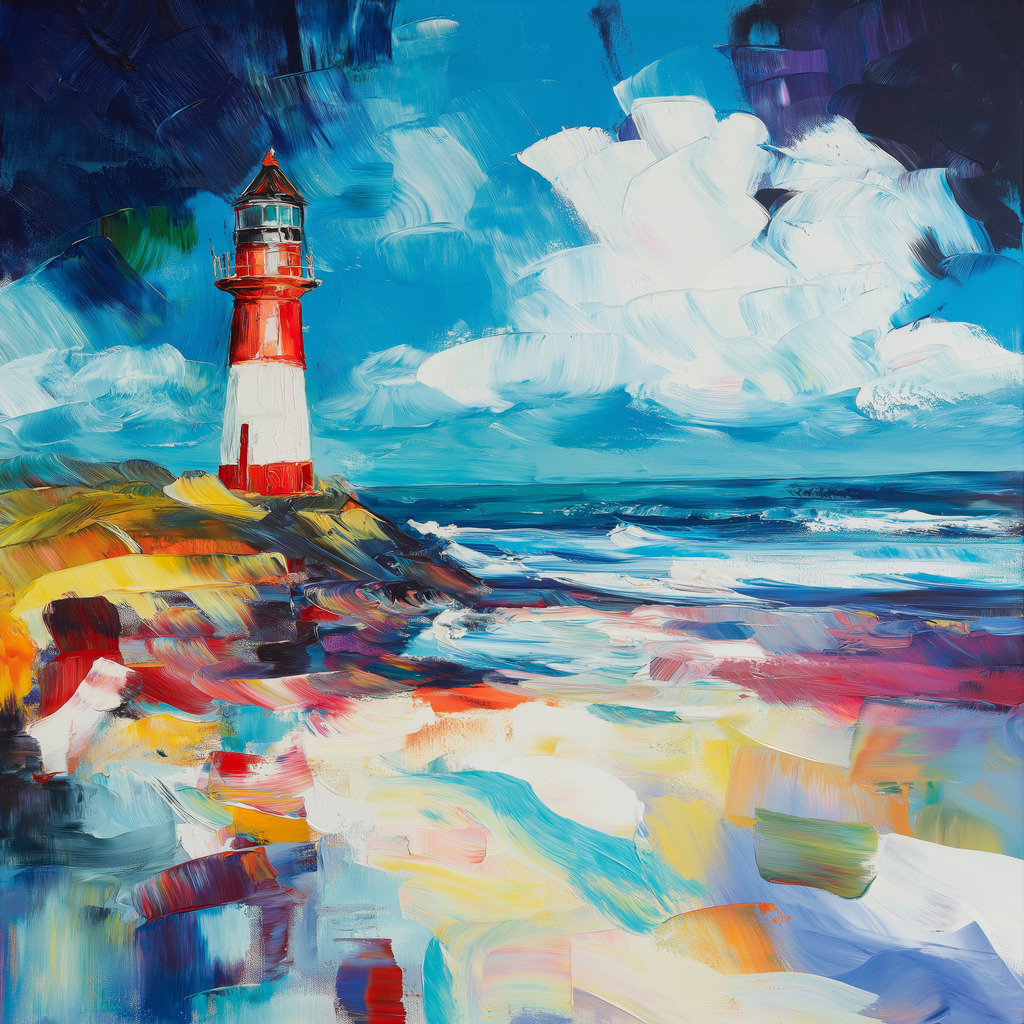 2501031 - Leuchtturm am Strand | Modernes maritimes Motiv im Stil eines Gemäldes.