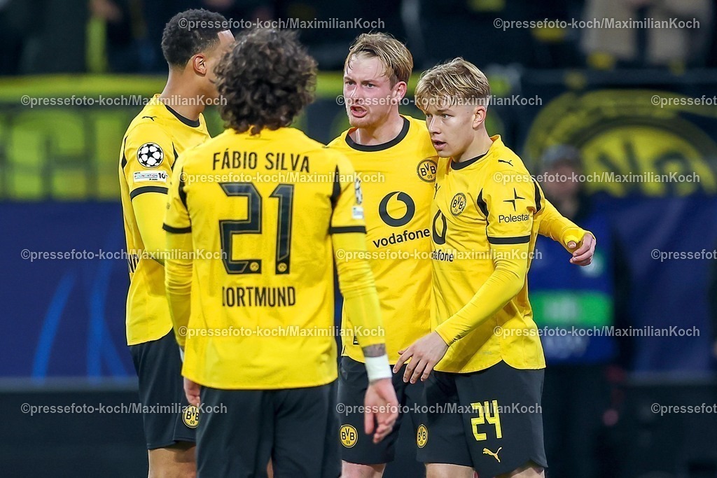 UCL10122501037 | 10.12.2025, Fußball, UEFA Champions League, Borussia Dortmund - FK Bodö/Glimt, BVB Stadion, 5. Spieltag, Saison 2025 2026: Torjubel nach dem Tor zum 2:1  durch Torschütze Julian Brandt (BVB #10)  zusammen mit Felix Nmecha (BVB #08) Daniel Svensson (BVB #24) Fabio Silva (BVB #21)   Regulations prohibit any use of photographs as image sequences and or quasi-video.