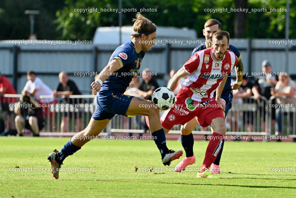 ATUS Velden vs. GAK | #10 Lukas Lausegger ATUS Velden, #5 Petar Filipovic GAK, ATUS Velden vs. GAK, ATUS Velden vs. GAK am 26.07.2024 in Villach (Stadion Lind), Austria, (Photo by Bernd Stefan)