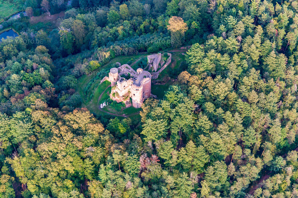 Luftbild: Burgruine Neudahn über dem Campingplatz Neudahner Weiher in Dahn im Bundesland Rheinland-Pfalz in Deutschland. Foto: IMG_139055.jpg vom 30.09.2023 durch Werner Riehm/FLY-FOTO.deWWW.SUEDWESTPFALZ-TOURISTIK.DE