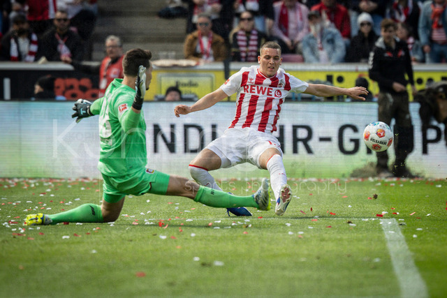 German Bundesliga,  1. FC Koeln - Bayer 04 Leverkusen, 25.04.2026 | KOELN, GERMANY - APRIL 25, 2026 :  Keeper Janis Blaswich (Bayer 04 Leverkusen, 28 saves against Said El Mala  (1. FC Koeln, 13) during the German Bundesliga match on gameday 31 between 1. FC Koeln - Bayer 04 Leverkusen at RheinEnergieSTADION on April 25, 2026 in Koeln, Germany. DFL REGULATIONS PROHIBIT ANY USE OF PHOTOGRAPHS AS IMAGE SEQUENCES AND/OR QUASI-VIDEO.