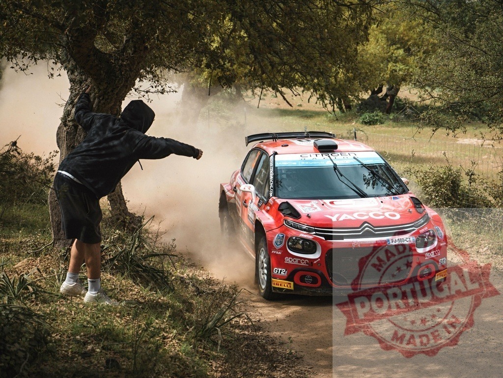 Spectator watching Citroën rally car racing on dust road | Rally car kicks up dust while racing past a spectator clinging to a tree - Realisiert mit Pictrs.com