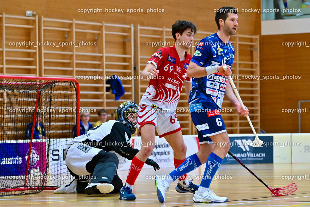 VSV Unihockey vs. KAC Floorball | #55 Maximilian Obereder KAC Floorball, #69 Nikita Münch KAC Floorball, #6 Timo Schmid VSV Unihockey, VSV Unihockey vs. KAC Floorball, VSV Unihockey vs. KAC Floorball am 12.04.2025 in Villach (Ballspielhalle St. Martin), Austria, (Photo by Bernd Stefan)