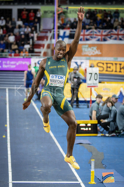 World Athletics Indoor Championships Kujawy Pomorze 26, 22.03.2026 | TORUN, POLAND - MARCH 22:  Luvo MANYONGA (RSA) competes in the men's long jump during the World Athletics Indoor Championships Kujawy Pomorze 26 on day 3 / session 2 at Kujawsko-Pomorska Arena Torun on March 22, 2026 in Torun, Poland. 