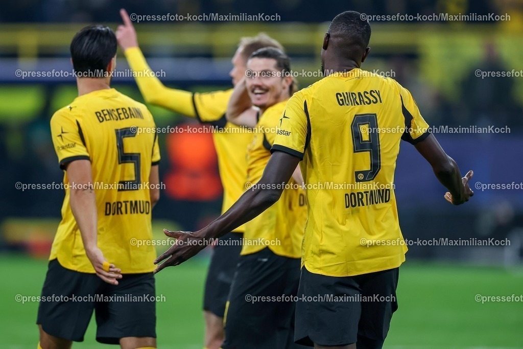 UCL01102501239 | 01.10.2025, Fußball, UEFA Champions League, Borussia Dortmund - Athletic Club Bilbao, BVB Stadion, 2. Spieltag, Saison 2025 2026: Torjubel nach dem Tor zum 3:1 durch Torschütze Serhou Guirassy (BVB #09) und Marcel Sabitzer (BVB #20)  zusammen mit   Regulations prohibit any use of photographs as image sequences and or quasi-video.