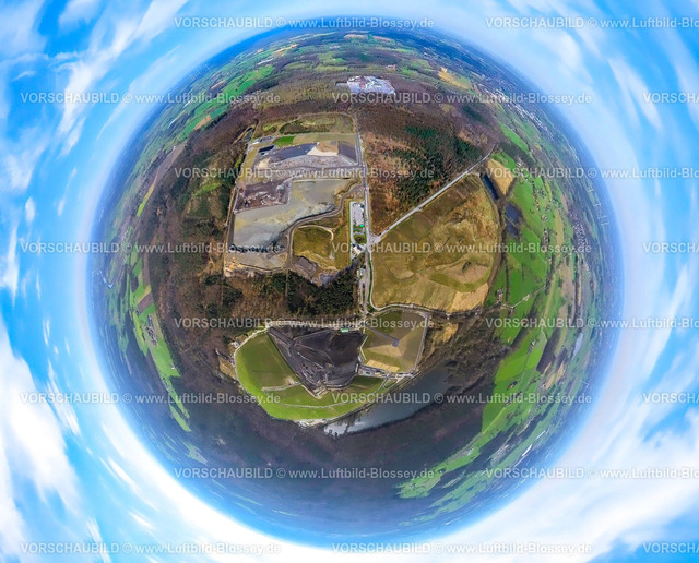 Huenxe240390046SonderabfalldeponieAGR | Luftbild, Sonderabfalldeponie Hünxe-Schermbeck der AGR mbH im Waldgebiet Steinbach Landschaftsschutzgebiet, Erdkugel, Fisheye Aufnahme, Fischaugen Aufnahme, 360 Grad Aufnahme, tiny world, little planet, fisheye Bild, Gartrop, Hünxe, Nordrhein-Westfalen, Deutschland