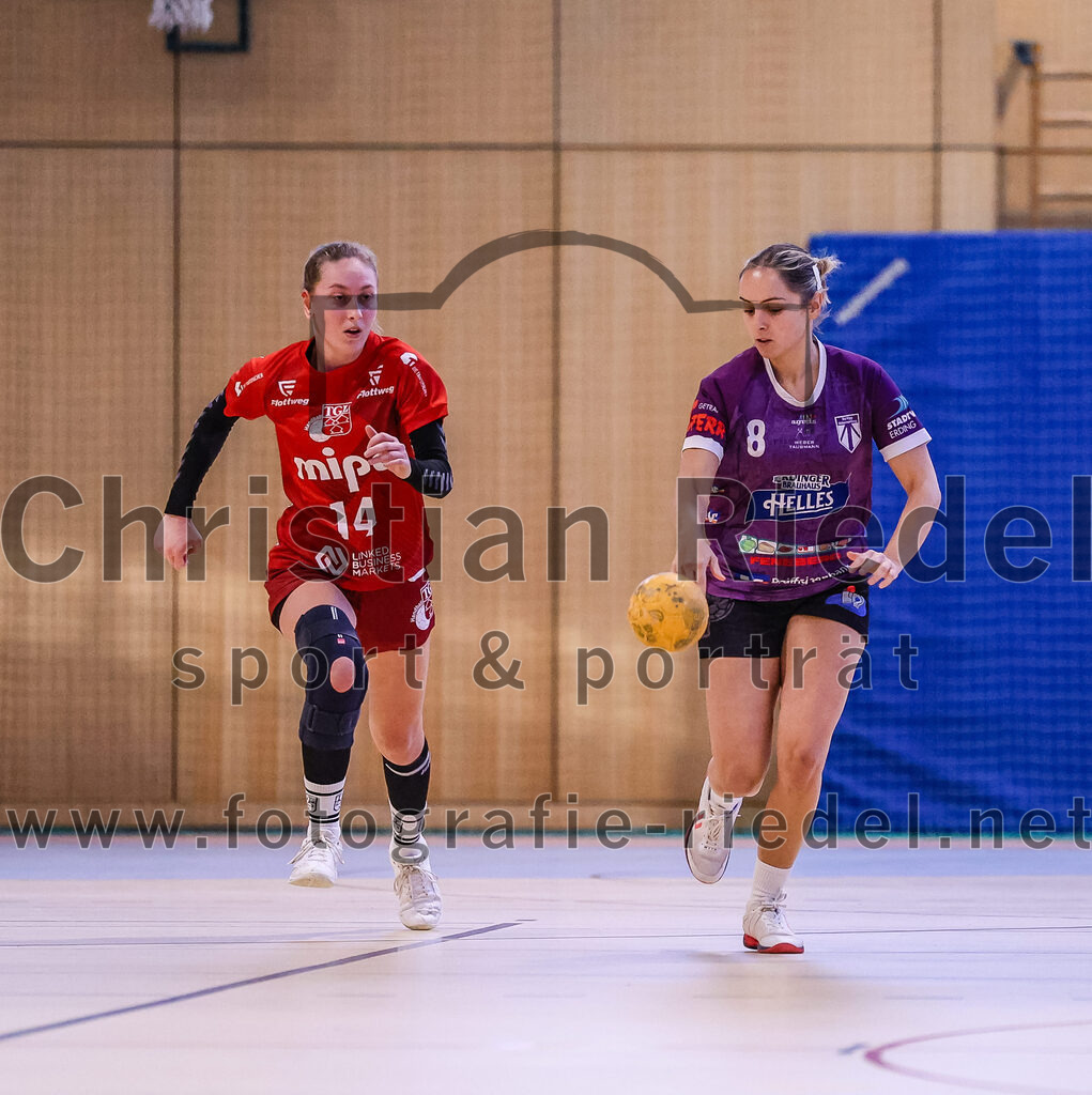 2025-02-22_070_SpVgg_Altenerding_gegen_TG_Landshut | Erding, Deutschland, 22.02.2025:Handball, Bezirksoberliga Frauen Altbayern 2024 / 2024, 15. Spieltag, SpVgg Altenerding gegen TG Landshut, Endergebnis: 25:22Isabella Gschossmann (TG Landshut, #14), Lena Prem (SpVgg Altenerding, #8)Foto: Christian Riedel / fotografie-riedel.net