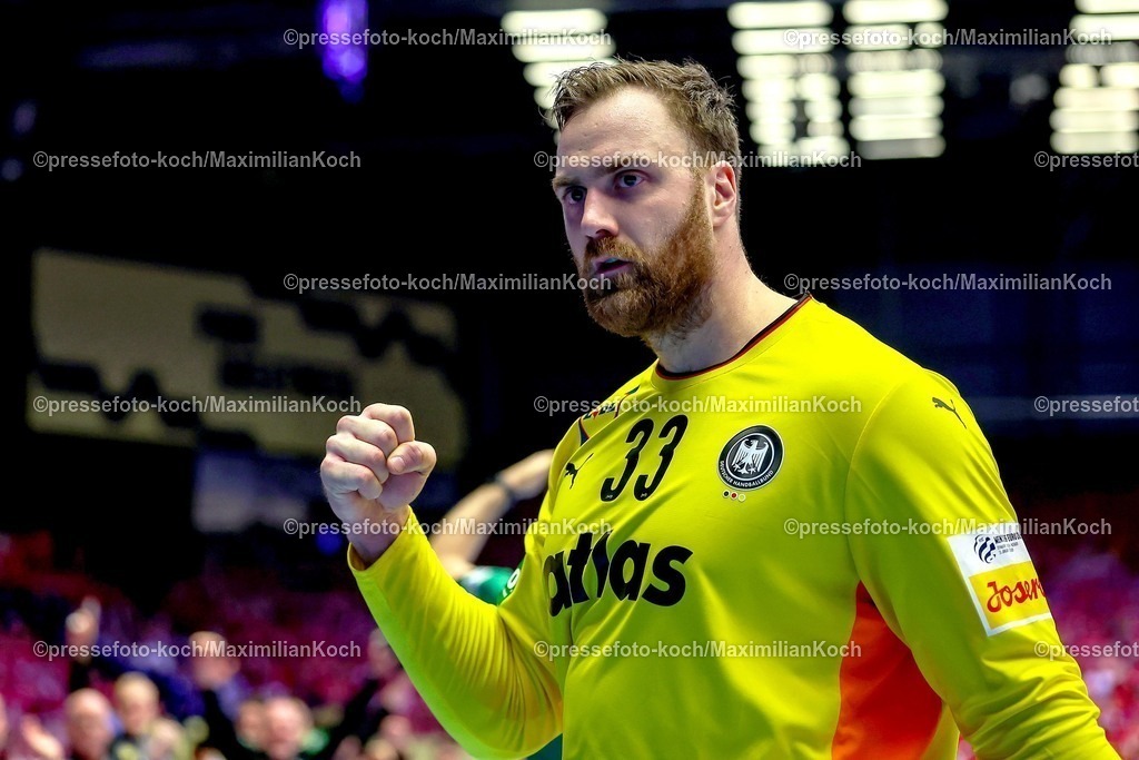EHF01022602068 | 01.02.2026, Handball, Men's EHF EURO 2026, Deutschland - Dänemark, Jyske Bank Boxen in Herning, Final:  Andreas Wolff (Germany #33) jubelnd