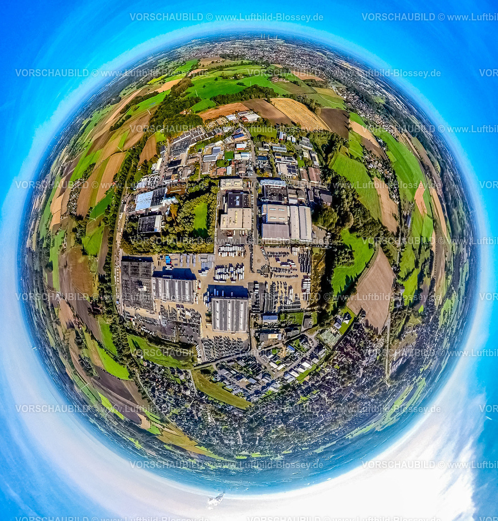 Selm241190516BorkGewerbegebietGutenbergstrasse | Luftbild, Industriegebiet und Gewerbegebiet Gutenbergstraße, Erdkugel, Fisheye Aufnahme, Fischaugen Aufnahme, 360 Grad Aufnahme, tiny world, little planet, fisheye Bild, Bork, Selm, Ruhrgebiet, Nordrhein-Westfalen, Deutschland