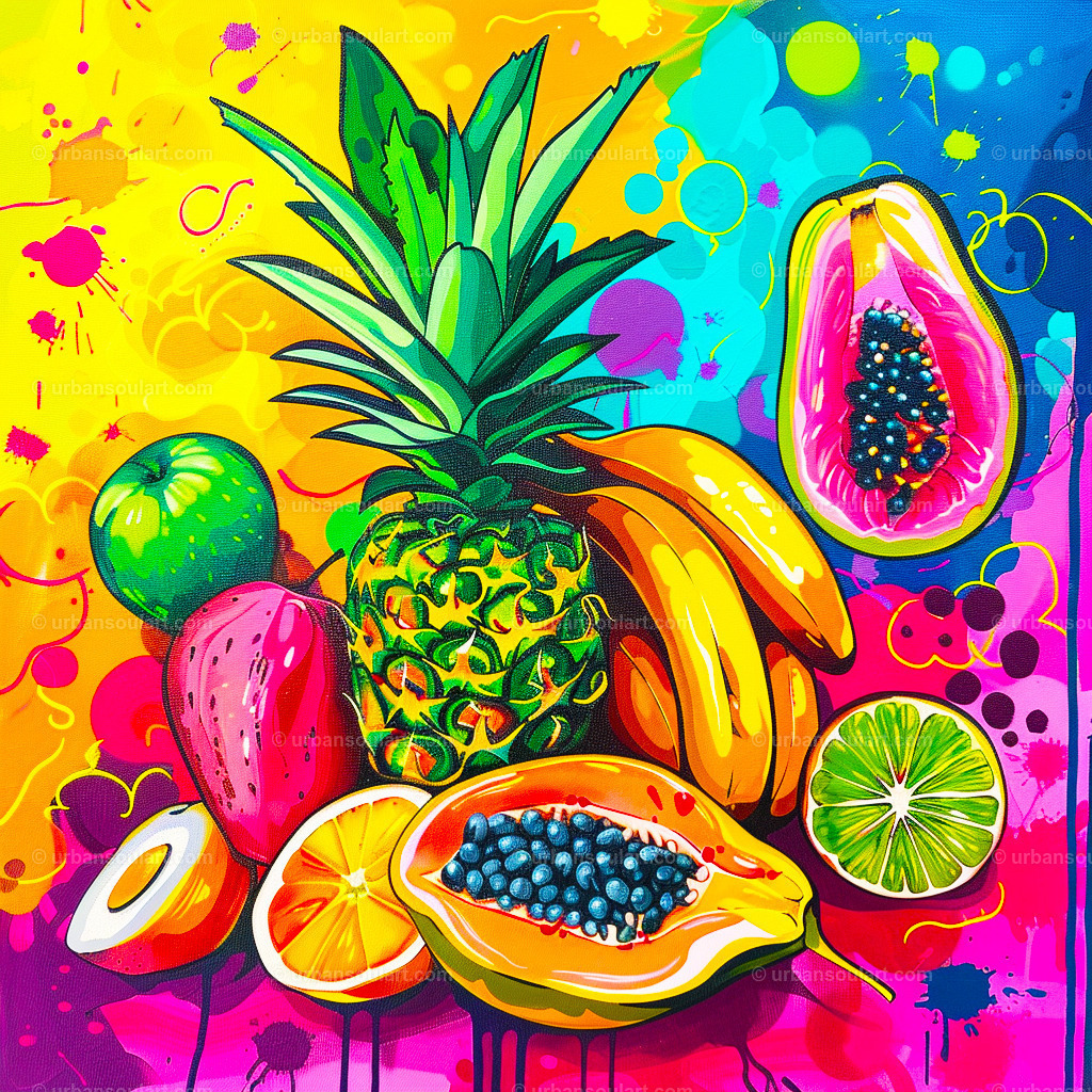 Tropical Fruits Selection | A vibrant collection of tropical fruits like pineapple, papaya, and lime, with a colorful background. Perfect for kitchens or spaces needing a burst of freshness. - Realisiert mit Pictrs.com