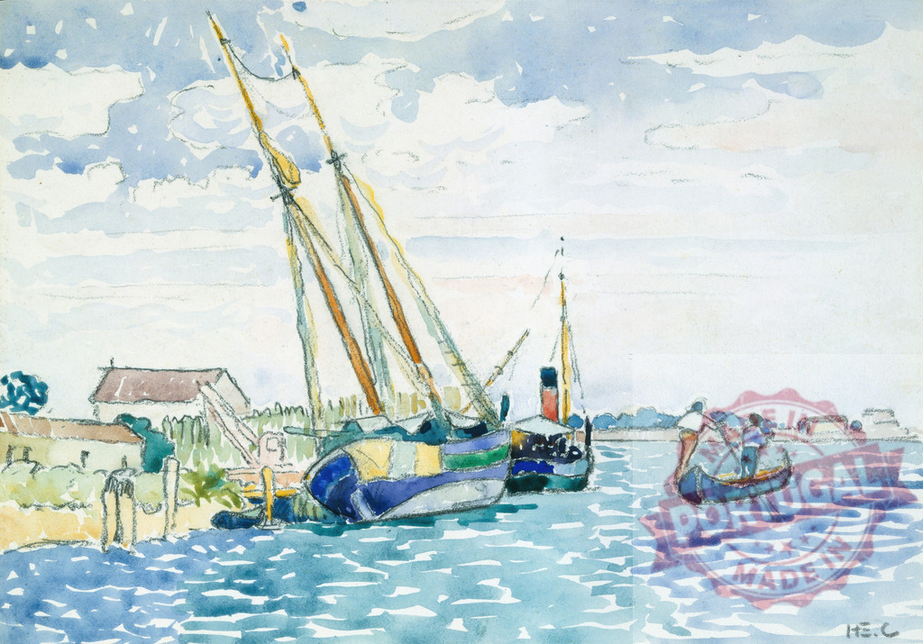 Henri-Edmond Cross sailing boats harbor watercolor painting. Henri Edmund Cross | Watercolor painting depicting boats moored in a harbor with people in a small boat - Realized with Pictrs.com