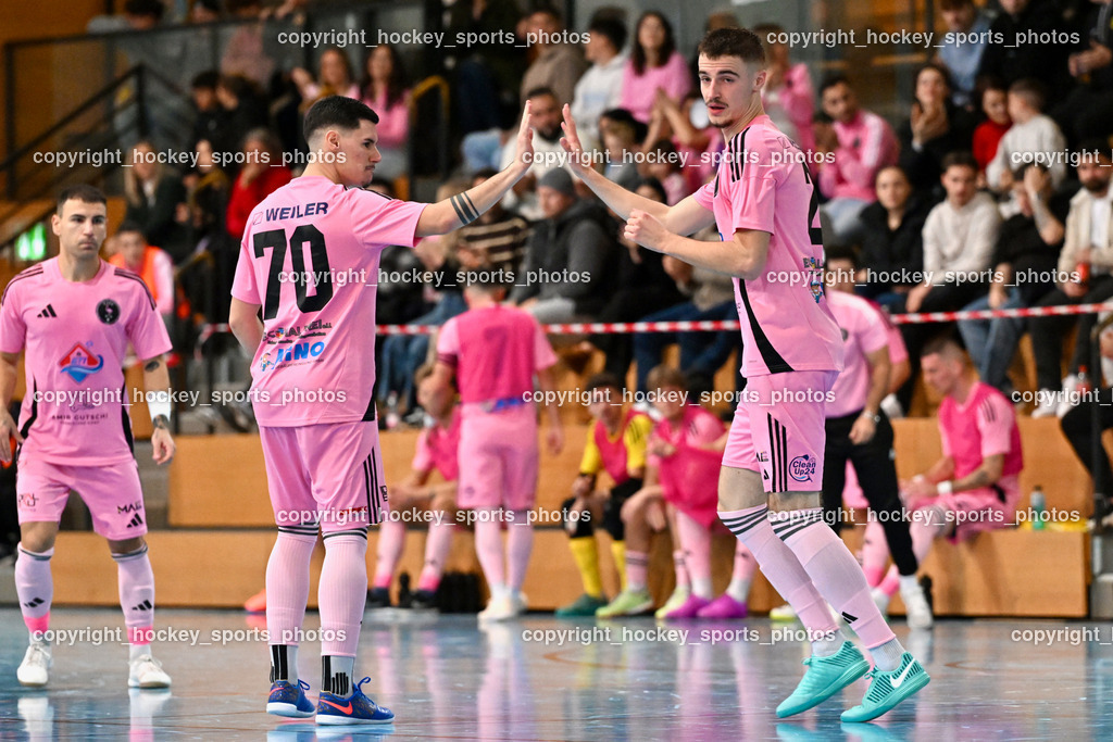 Carinthia Flamengo Futsal Club vs. Futsal Klagenfurt | Jubel Carinthia Flamengo Mannschaft, #70 Armin Kahvedzic Carinthia Flamengo,  #2 Faris Buljubasic Carinthia Flamengo, #21 Robert Dimitrov Carinthia Flamengo, Carinthia Flamengo Futsal Club vs. Futsal Klagenfurt, Carinthia Flamengo Futsal Club vs. Futsal Klagenfurt am 01.12.2024 in Klagenfurt (Ballspielhalle Viktring), Austria, (Photo by Bernd Stefan)