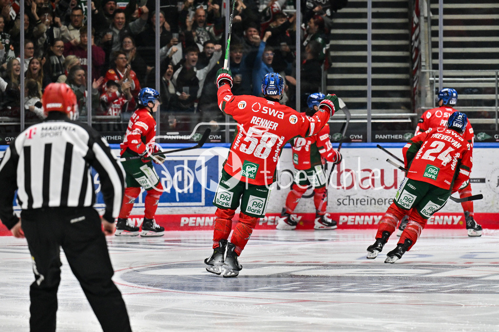 Augsburger Panther - Kölner Haie | Jubel der Panther nach dem Treffer zum 1-1 durch Anthony LOUIS (Augsburger Panther #18) / Tor / Torschuetze / Freude / Happy / DEL: Augsburger Panther - Kölner Haie; Curt Frenzel Stadion am 26.09.2025
