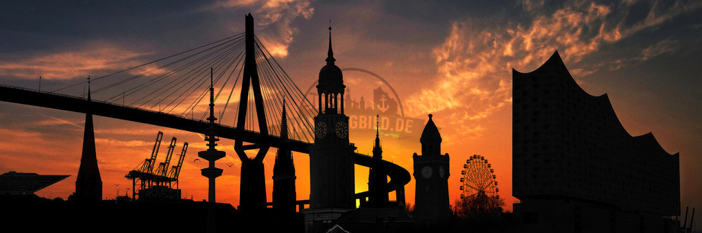 Hamburg Collage 22a | Ein faszinierendes Wandbild als Collage, das die Hamburger Sehenswürdigkeiten in seiner ganzen Pracht zeigt. Diese künstlerische Darstellung vereint verschiedene Perspektiven der Stadt, von den modernen Gebäuden der HafenCity bis zu den historischen Gebäuden der Stadt. Perfekt als dekoratives Wandbild für Liebhaber von Hamburg, bringt diese Collage die maritime Atmosphäre im Sonnenuntergang und das urbane Flair der norddeutschen Metropole in jeden Raum. - Realisiert mit Pictrs.com