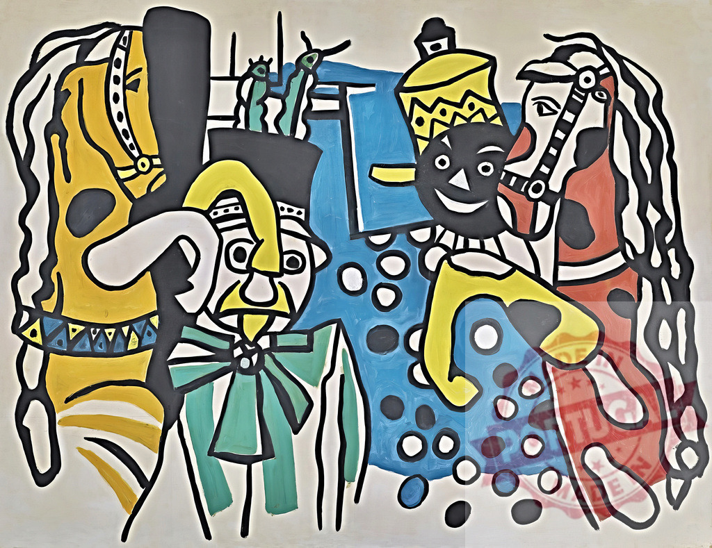 Fernand Léger style cubist circus parade artwork | Fernand Leger Abstract painting depicting circus performers, musicians, and horses in a vibrant, modern style - Realized with Pictrs.com
