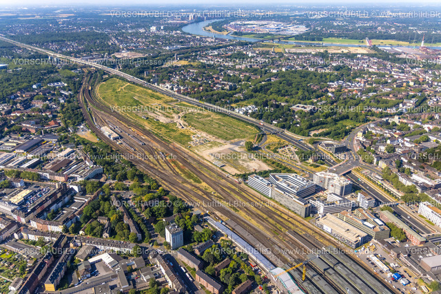 Duisburg230706100 | Luftbild, Baugebiet Alter Güterbahnhof für "Duisburger Dünen", Dellviertel, Duisburg, Ruhrgebiet, Nordrhein-Westfalen, Deutschland
