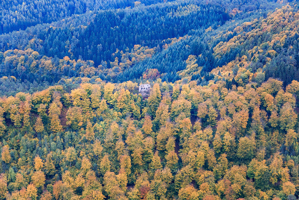 Aerial view: Hohenfels Castle in Dambach in the state Bas-Rhin, France.Photo: IMG_084668.jpg taken on 10/23/2015 by Werner Riehm/FLY-FOTO.comResolution of the original: 5472 x 3648 pxWWW.WANDERPARADIES-WASGAU.DE