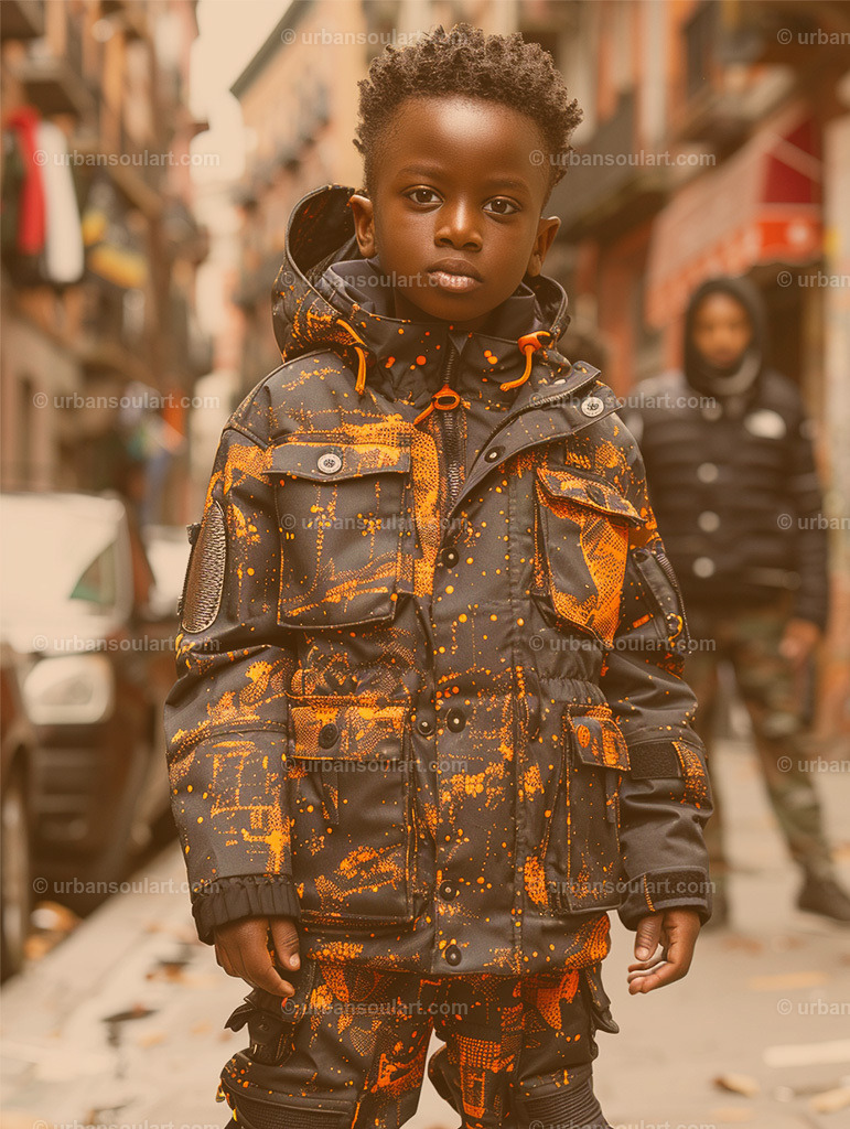 Black Kid Model Street Portrait | This urban-inspired portrait of a young boy in a striking black and orange jacket brings a sense of confidence and style. Perfect for modern spaces, this artwork adds a cool, contemporary edge to any wall. - Realisiert mit Pictrs.com