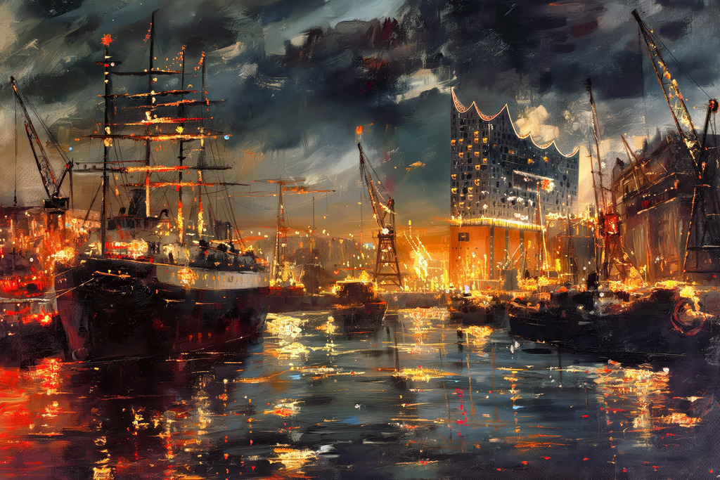 2501016 - Leuchtender Hafen bei Nacht | Fantasievolles Hafenmotiv voller Lichter und der Elbphilharmonie im Stil eines Gemäldes.