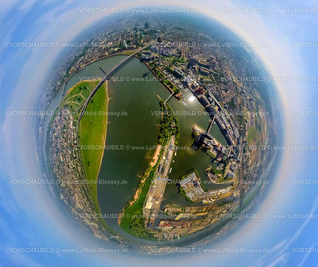 Duesseldorf240590056Medienhafen_Rhein | Luftbild, Medienhafen am Fluss Rhein, Unternehmen Ansiedlung aus Medien, Kommunikation, Mode, Architektur, Kunst und Kultur, Rheinturm und Rheinpark Bilk, Erdkugel, Fisheye Aufnahme, Fischaugen Aufnahme, 360 Grad Aufnahme, tiny world, little planet, fisheye Bild, Hafen, Düsseldorf, Nordrhein-Westfalen, Deutschland