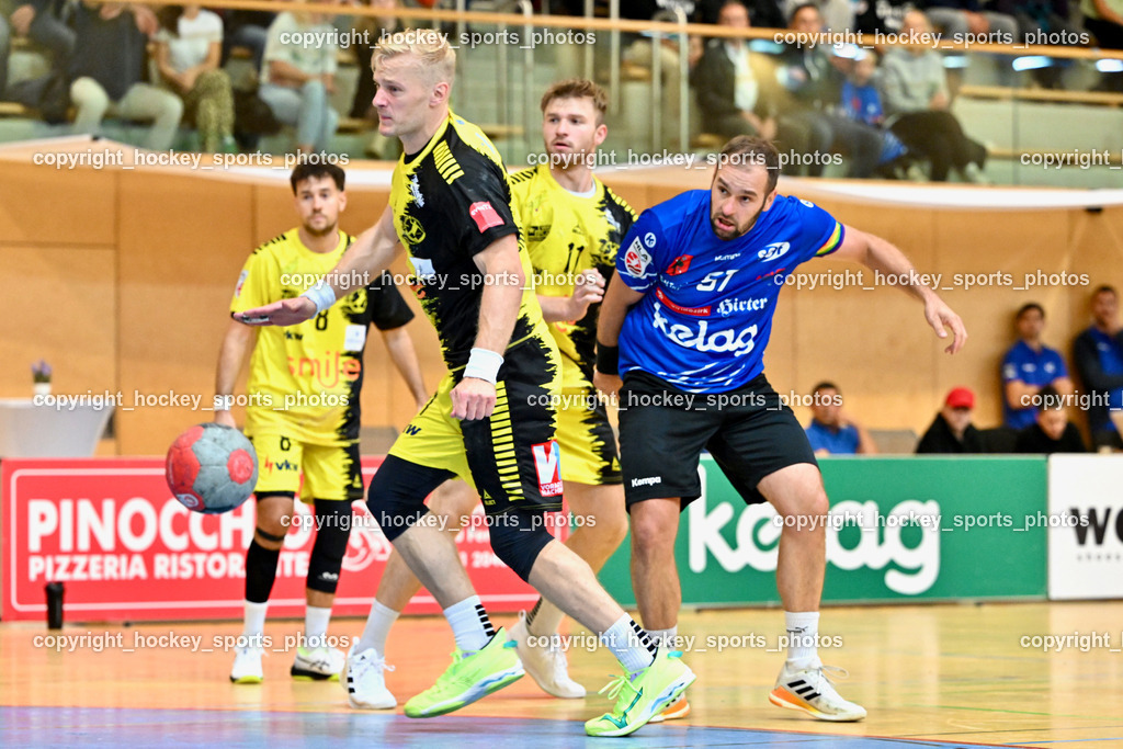 SC Ferlach vs. Bregenz Handball | #71 Schröder Andreas Bregenz Handball, #57 LEBAN Patrik SC Ferlach, #11 Brombeis Matthias Bregenz Handball, SC Ferlach vs. Bregenz Handball, SC Ferlach vs. Bregenz Handball am 28.09.2024 in Ferlach (Ballspielhalle Ferlach), Austria, (Photo by Bernd Stefan)