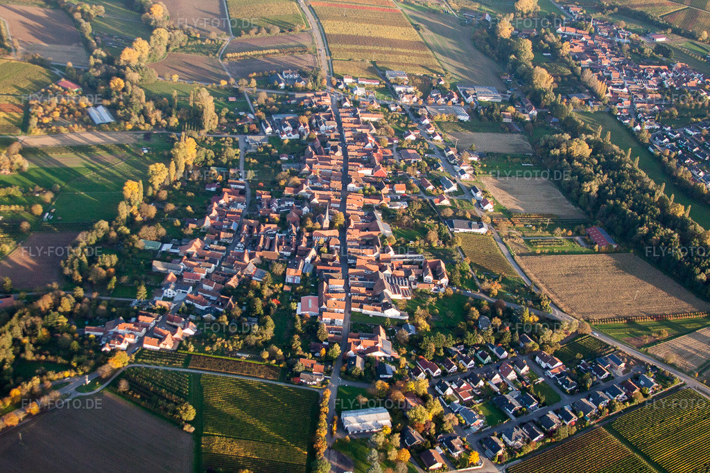 Luftbild: Dorfansicht im Ortsteil Heuchelheim in Heuchelheim-Klingen im Bundesland Rheinland-Pfalz in Deutschland. Foto: IMG_60658.jpg vom 24.10.2013 durch Werner Riehm/FLY-FOTO.de