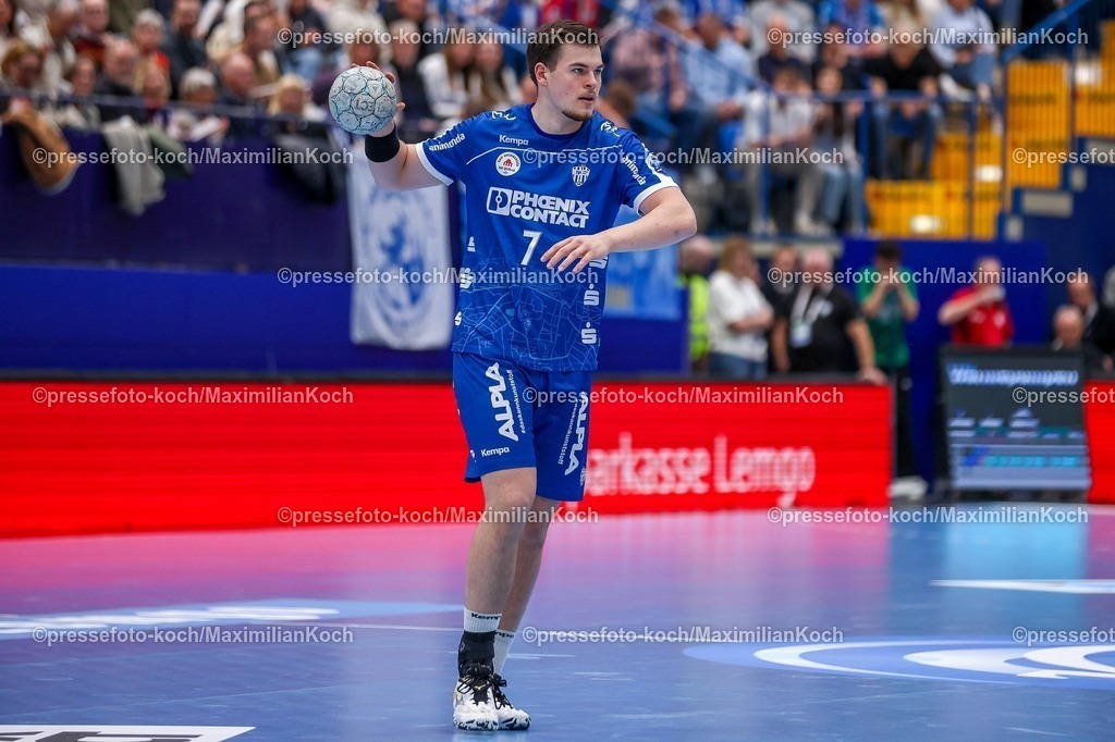 xkwix12042602029 | 2026.04.12, xkwix, Handball, HBL, TBV Lemgo Lippe -  Füchse Berlin, PHOENIX CONTACT arena, 28.Spieltag, Saison 2025 / 2026: Jan Mudrow (TBV Lemgo Lippe #7) DFB regulations prohibit any use of photographs as image sequences and or quasi-video. Photo: xKamilxWilkowskixPressefotoKochx