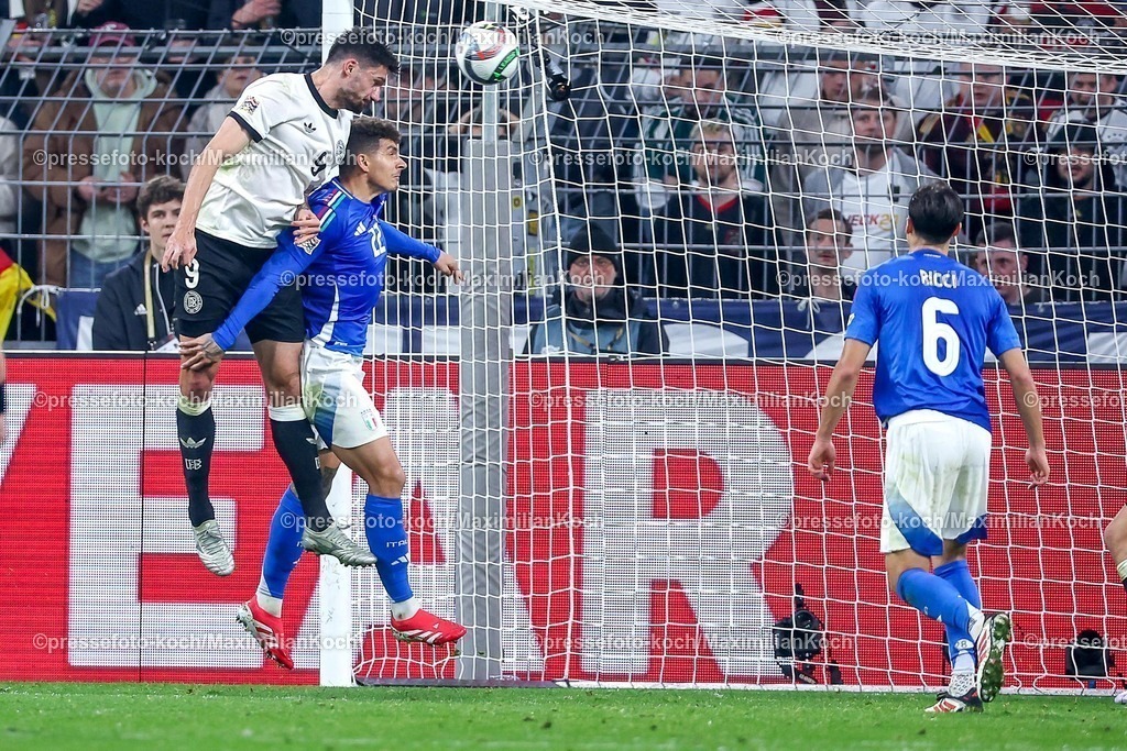 DFB23032501053 | 23.03.2025, Fußball, Viertelfinale UEFA Nations League, Deutschland - Italien, Signal Iduna Park, Saison 2024 2025: Kopfballtor Tim Kleindienst (GER #09) Torschütze zum 3:0 DFB regulations prohibit any use of photographs as image sequences and or quasi-video.