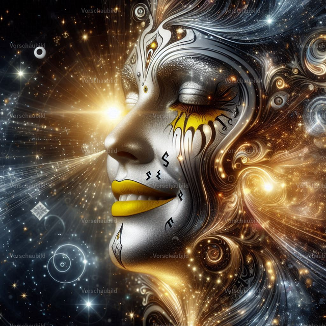 Ein majestätisches Bild aus Licht_ Energie_ Liebe und Dankbarkeit in den Farben Gold_ Silber und Schwarz_ mit Spiegelungen und Schatten vom Vü ZiRKUS von Marko Stephan_ einem menschlichen_ weiblichen Clown  | Entdecke DEJAVUE ZiRKUS bei 3TB Media Studio Postershop: über 40.000 Bilder zum Personalisieren. Poster, Leinwände, Textildruck; direkt bestellbar, realisiert mit Pictrs.com.. - Realisiert mit Pictrs.com