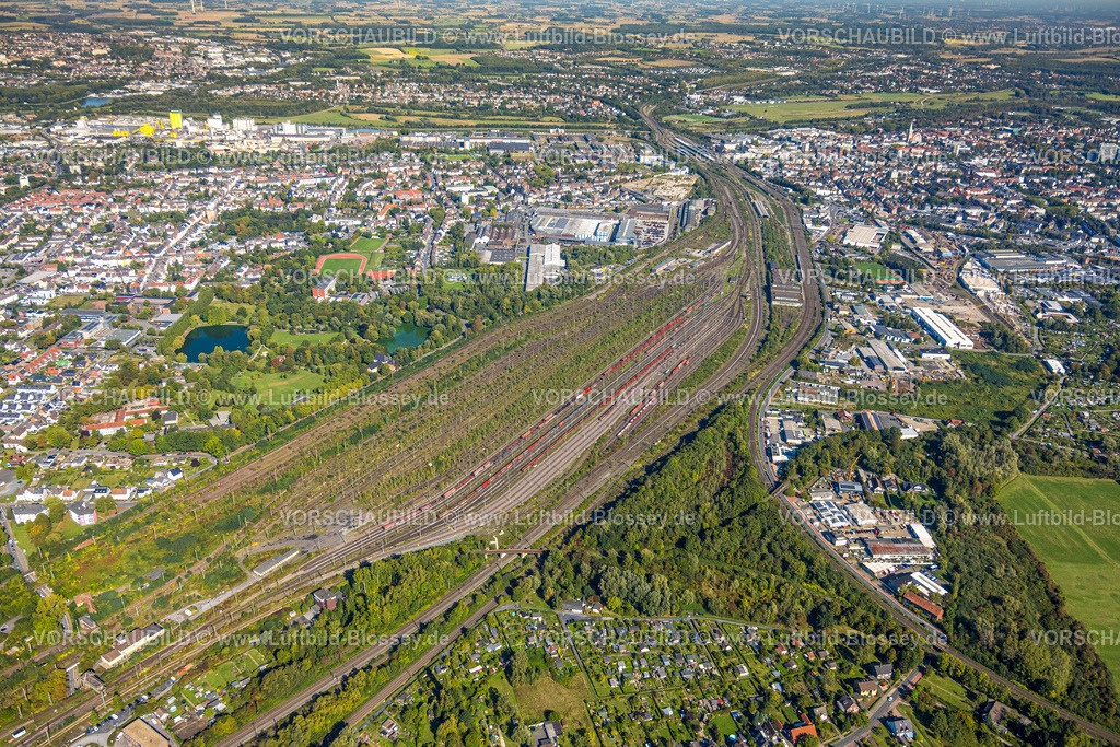 Hamm250901795 | Luftbild, Rangierbahnhof Hamm, Blick zum Bahnhof Hbf, Hafen und zur Innenstadt City, Stadtbezirk Pelkum, Hamm, Ruhrgebiet, Nordrhein-Westfalen, Deutschland