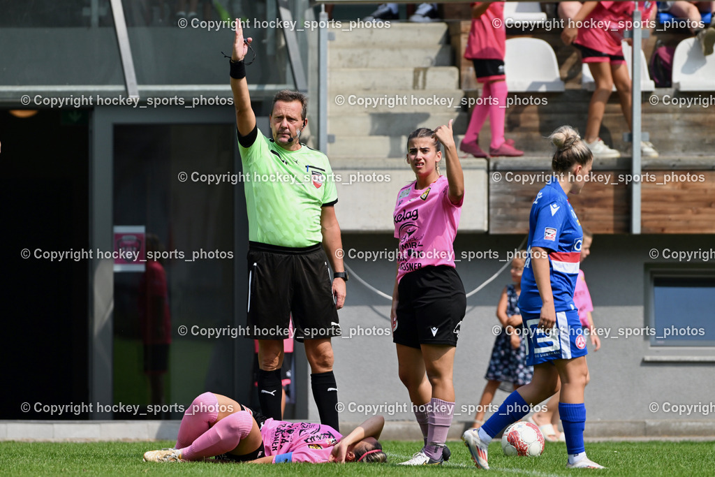 Carinthians Hornets vs. GAK 1902 Frauen | #14 Nicole Dominique Gatternig Carinthians Hornets, Leitgeb Martin Referee, #7 Vanessa Kraker GAK, #9 Alicia Morgenstern Carinthians Hornets, Carinthians Hornets vs. GAK 1902 Frauen, Carinthians Hornets vs. GAK 1902 Frauen am 01.09.2024 in Sachsenburg (Sportplatz Sachsenburg), Austria, (Photo by Bernd Stefan)