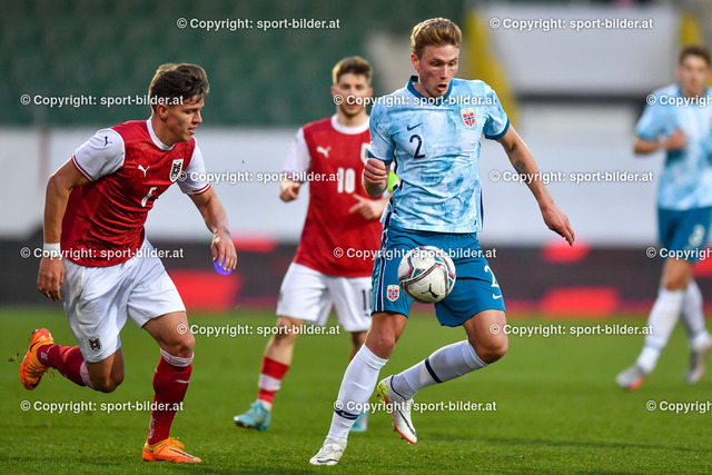 AUT, U21 EM-Qualifikation - Oesterreich vs Norwegen | 29.3.2022, Josko Arena Ried, AUT, U21 EM-Qualifikation - Oesterreich vs Norwegen, im Bild Martin Moormann (AUT) vs Sebastian Soraas Sebulonsen (NOR)


// Uefa U21 Euro 2023 Qualifikation Match between Austria and Norway in Ried, Austria on 2022/03/29